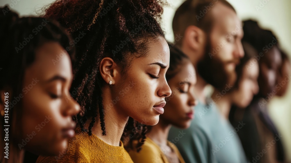 A group of people praying with heads bowed in unity. A group of people praying with heads bowed in unity.