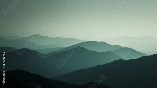 Layers of mist and shadow paint a serene green-toned mountain range, invoking mystery and calm in a beautifully minimalistic landscape.