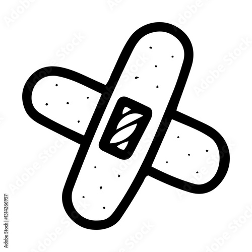Medical plaster cross. Hand drawn doodle. Fabric adhesive strip for covering wounds scratches. First aid. Skin protection. Injury assistance. Vector line art illustration.