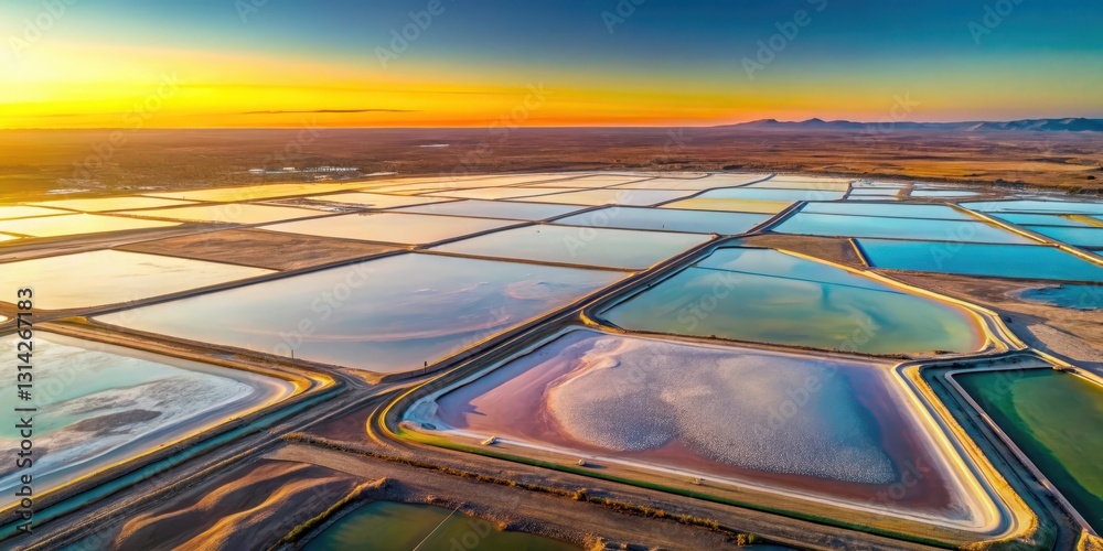 Obraz premium Aerial view of vibrant lithium fields at sunrise with evaporation ponds in the distance, evaporation lakes, mineral extraction