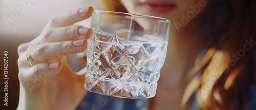 close-up to a glass; blond woman drinking water from a glass