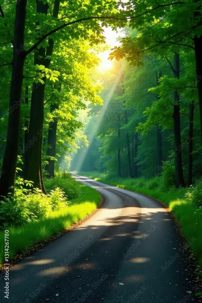 Obraz premium Sun-dappled forest road curves gently through lush greenery , calm, vibrant, adventure