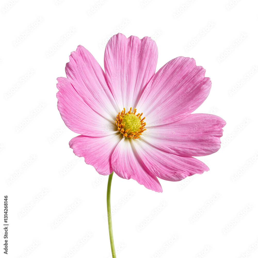 Vibrant pink cosmos flower with delicate petals exuding elegance and cheerfulness An isolated shot on white background Vibrant pink cosmos flower with delicate petals exuding elegance and cheerfulness An isolated shot on white background