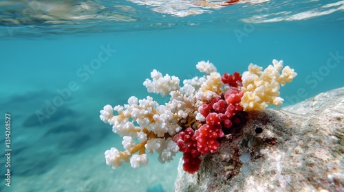 Diverse coral reef flourishes underwater, showcasing vibrant colors against the crystal-clear ocean, thriving with life in a serene setting. photo