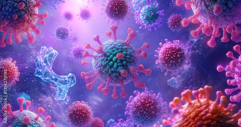 Obraz premium Microscopic View of Colorful Viruses and Bacteria in Vibrant Digital Painting Style
