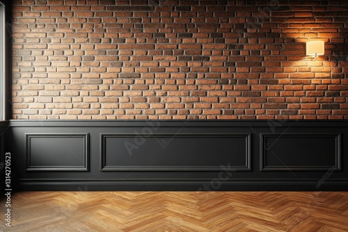 Wallpaper Mural Classic Loft Interior with Black Wainscoting Brick Wall and Herringbone Wood Floor Torontodigital.ca