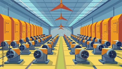 In the vast warehouse rows upon rows of industrial turbines stood at attention ready to be deployed for various tasks and operations at a moments. Vector illustration