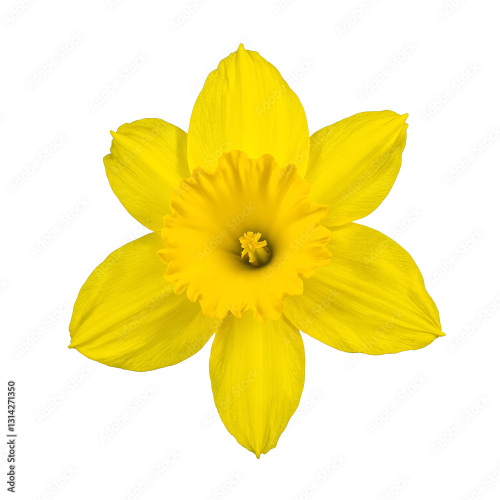 Cheerful yellow daffodil bloom on bright white backdrop capturing the essence of springtime freshness and joy
