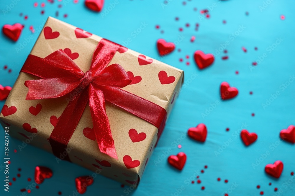 Valentine gift box with red ribbon and confetti hearts on blue background flat lay top view copy space Valentine gift box with red ribbon and confetti hearts on blue background flat lay top view copy space
