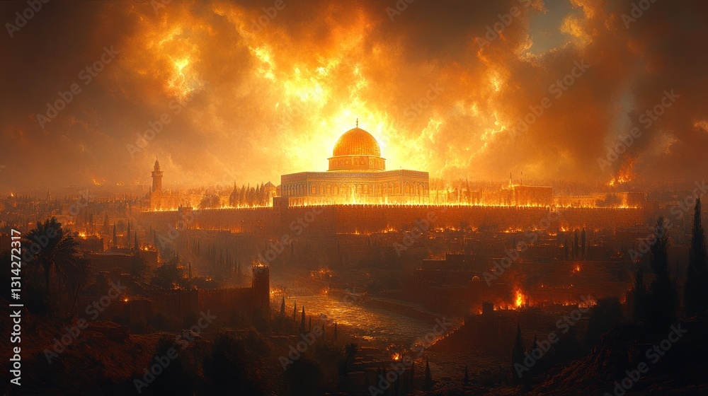 Obraz premium Jerusalem landscape with fire and golden dome evoking a sense of apocalypse