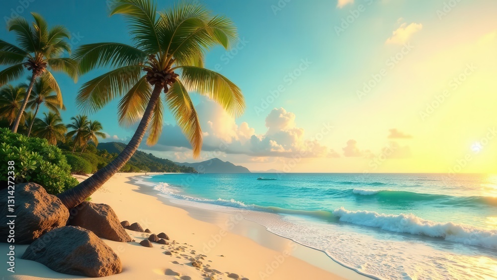 Fototapeta premium Serene Sunset Beachscape Palm Trees, Soft Sand, and Gentle Waves at Golden Hour
