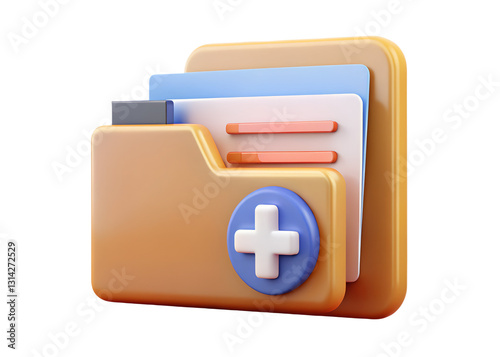 A Digital Medical File Folder With A Prominent Plus Sign, Symbolizing New Patient Records Or Adding Information, Presented In A Playful 3d Style With Warm, Inviting Colors Isolated on Transparent Back