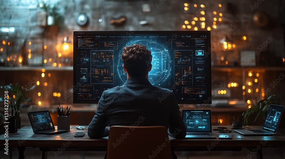 A digital entrepreneur in an advanced workspace, ultra-wide screen showing predictive business models, laptop running AI algorithms, ambient lighting and tech devices scattered around the office, A digital entrepreneur in an advanced workspace, ultra-wide screen showing predictive business models, laptop running AI algorithms, ambient lighting and tech devices scattered around the office,