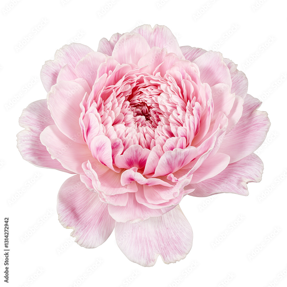 Close up of a delicate pink peony in full bloom showcasing its ruffled petals and elegant beauty on a white backdrop Close up of a delicate pink peony in full bloom showcasing its ruffled petals and elegant beauty on a white backdrop