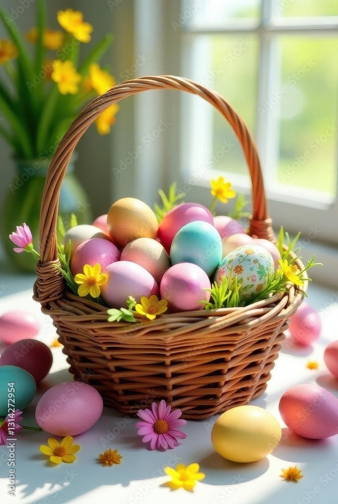 A charming wicker basket overflowing with pastel-colored eggs, nestled amongst vibrant spring blossoms, bathed in warm sunlight A charming wicker basket overflowing with pastel-colored eggs, nestled amongst vibrant spring blossoms, bathed in warm sunlight