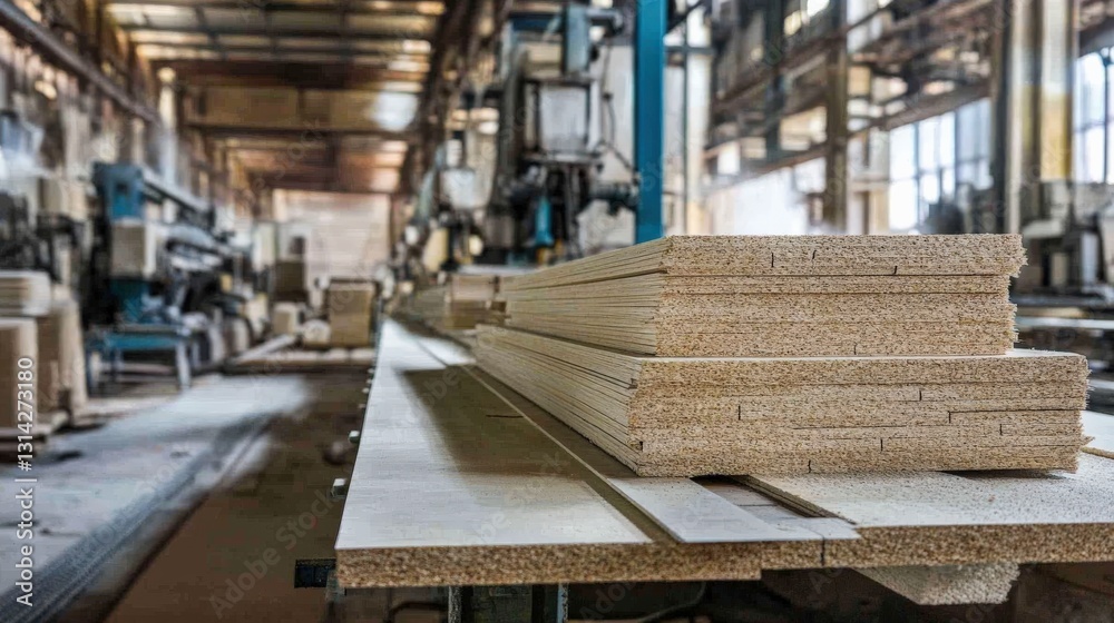 Stacks of engineered wood panels on a factory table with machinery and light in the background Stacks of engineered wood panels on a factory table with machinery and light in the background