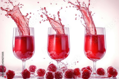 Red Cherry Juice Splash in Elegant Glasses Collection with Dynamic Motion and Bright Refreshing Bubbles on White Background