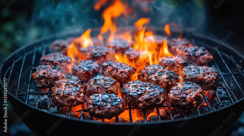 Sizzling burgers on the barbecue grill creating an appetizing summertime scene Sizzling burgers on the barbecue grill creating an appetizing summertime scene