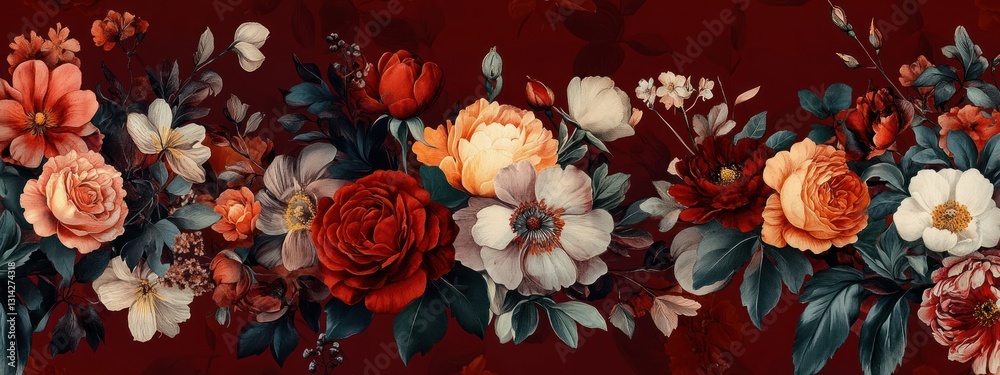Fototapeta premium Vibrant Floral Pattern Roses Peonies Lilies Burgundy Background Vintage Baroque Art Style