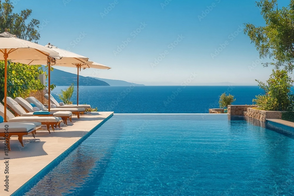 Fototapeta premium Summer vacation at poolside. Veranda decorated with deck chairs and umbrella with an ocean view
