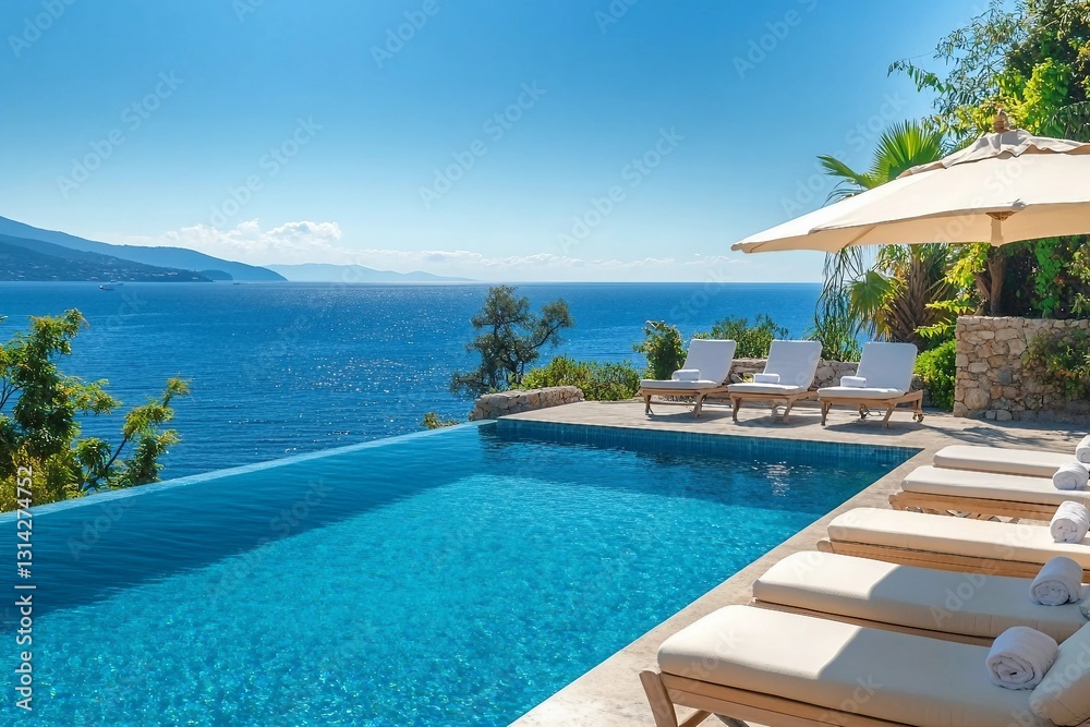 Fototapeta premium Summer vacation at poolside. Veranda decorated with deck chairs and umbrella with an ocean view