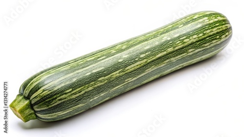 Long, slender zucchini fruit with green skin and ridged texture, isolated on a white background, summer squash