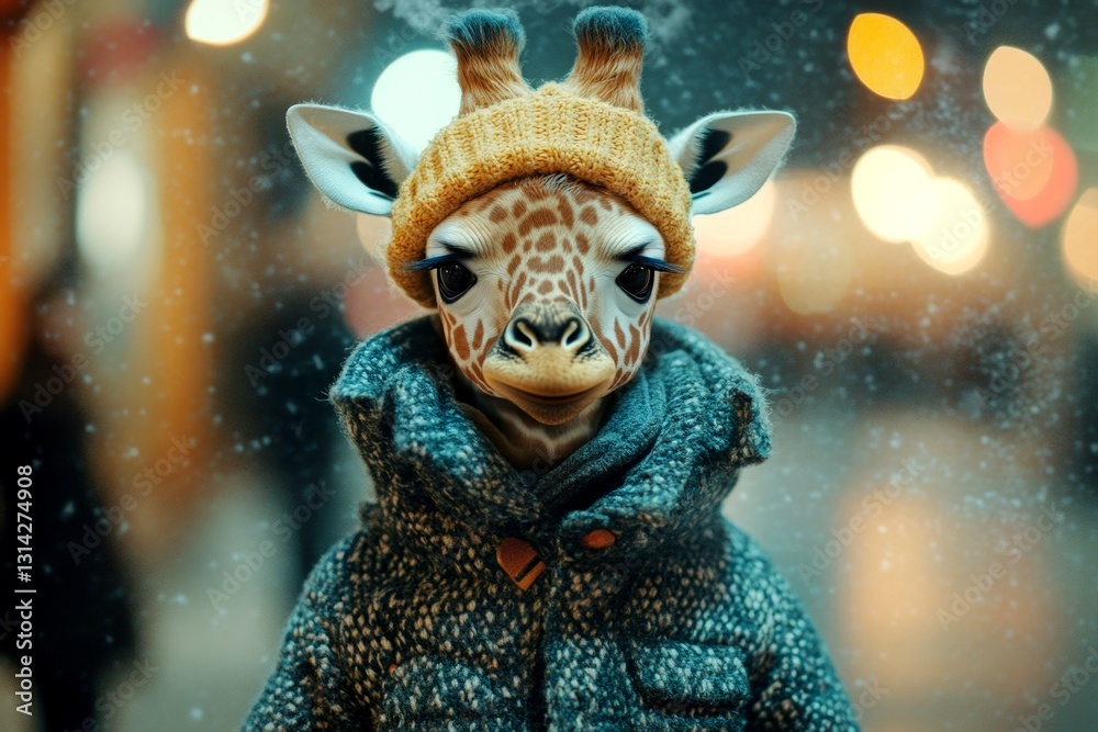 Fototapeta premium Sad cute baby animal giraffe in winter warm clothes, visible breath from nose and mouth in frosty breeze. Social ad - animal care. Problem of cold animals. Zoo nature outreach. Zoo animal care.