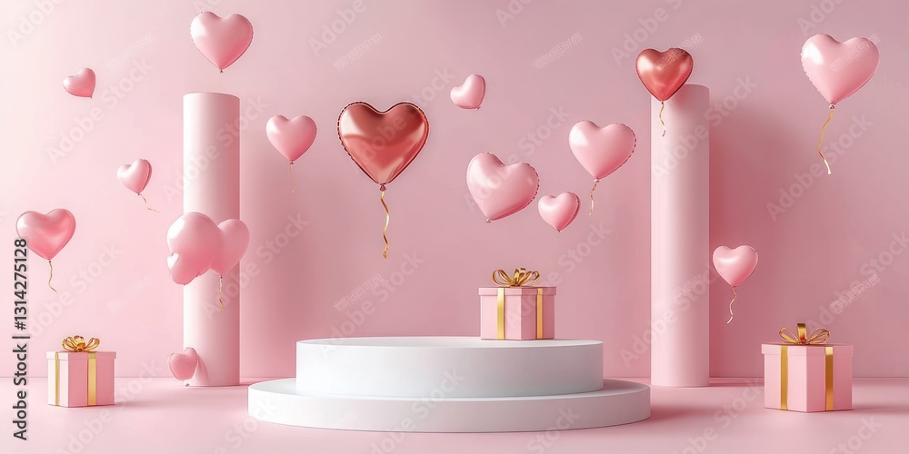 Valentine's Day Heart Balloons Gift Boxes Pastel Pink Background 3D Render Valentine's Day Heart Balloons Gift Boxes Pastel Pink Background 3D Render