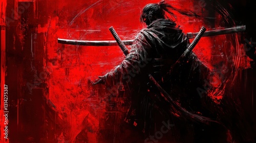 Demonic Samurai Warrior in Tengu Mask with Katanas in Dark Blood-Stained Kimono