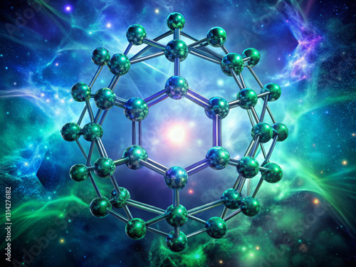 Sparkling emerald green molecules arranged in hexagonal lattice photo