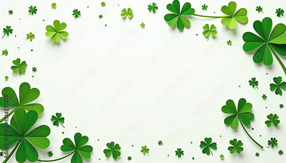 St. Patrick's Day Festive Background: Green Clover Leaves & White Dots. A frame of four leaf clovers on a white background. St. Patrick's Day Festive Background: Green Clover Leaves & White Dots. A frame of four leaf clovers on a white background.