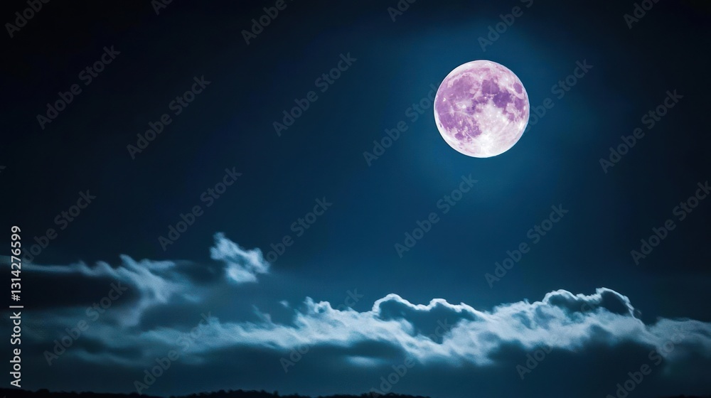 Purple Full Moon Shining in the Night Sky Above Dark Silhouette Clouds Purple Full Moon Shining in the Night Sky Above Dark Silhouette Clouds