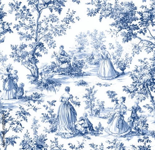 Vintage blue and white floral wallpaper design featuring elegant figures in a serene garden setting, showcasing classic artistry and timeless beauty, decorative art concept, tiles, pattern