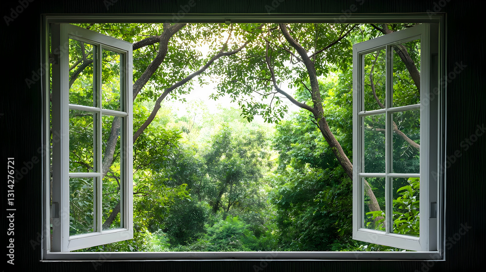 Open White Window Frame with Green Trees and Lush Foliage Outdoors with Natural Sunlight Open White Window Frame with Green Trees and Lush Foliage Outdoors with Natural Sunlight
