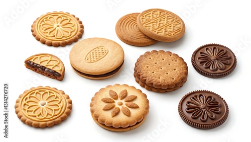 A collection of assorted round cookies and biscuits, featuring classic, nut-filled, and decorative designs on a white background.