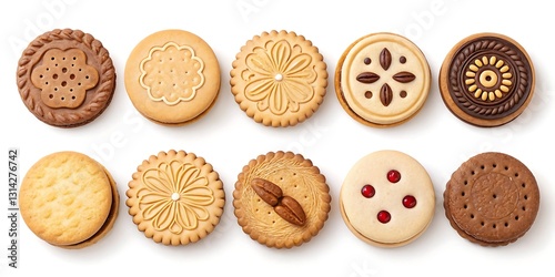 A collection of assorted round cookies and biscuits, featuring classic, nut-filled, and decorative designs on a white background.
