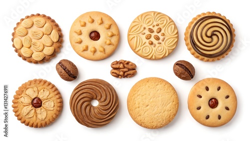 A collection of assorted round cookies and biscuits, featuring classic, nut-filled, and decorative designs on a white background.