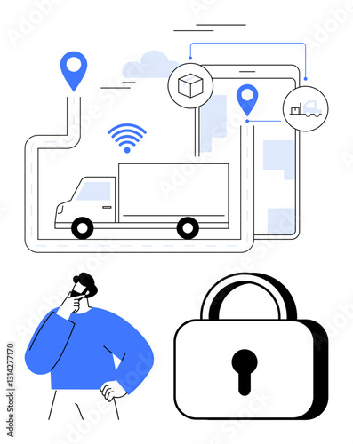 Truck on delivery route with map pins, wireless signal, and secure padlock. Ideal for logistics, transport, cybersecurity, data visibility, delivery supply chain and monitoring. Flat simple