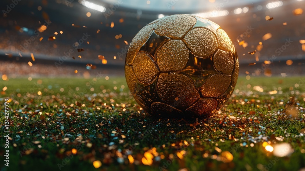 Fototapeta premium Golden soccer ball celebrating victory on the field with confetti falling