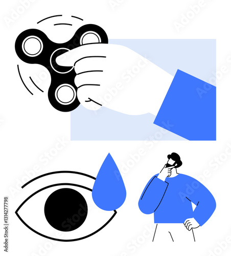 Hand spinning a fidget spinner, an eye with a teardrop indicating emotion, and person thinking. Ideal for stress, focus, emotions, mindfulness, problem solving, creativity flat simple metaphor