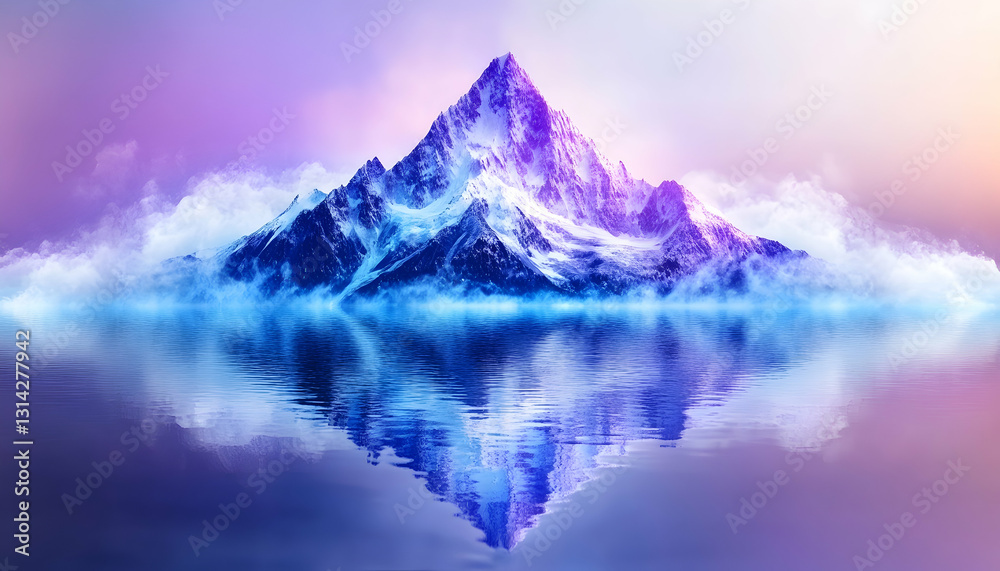 Majestic snowy mountain reflects in still water, illuminated with purple and blue hues Majestic snowy mountain reflects in still water, illuminated with purple and blue hues