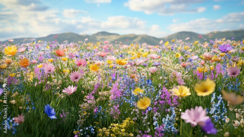 Vibrant wildflower meadow stretches towards distant hills under a bright sky Vibrant wildflower meadow stretches towards distant hills under a bright sky