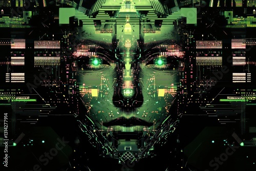 Futuristic background illustrating a robotic face with digital patterns and cybernetic enhancements.