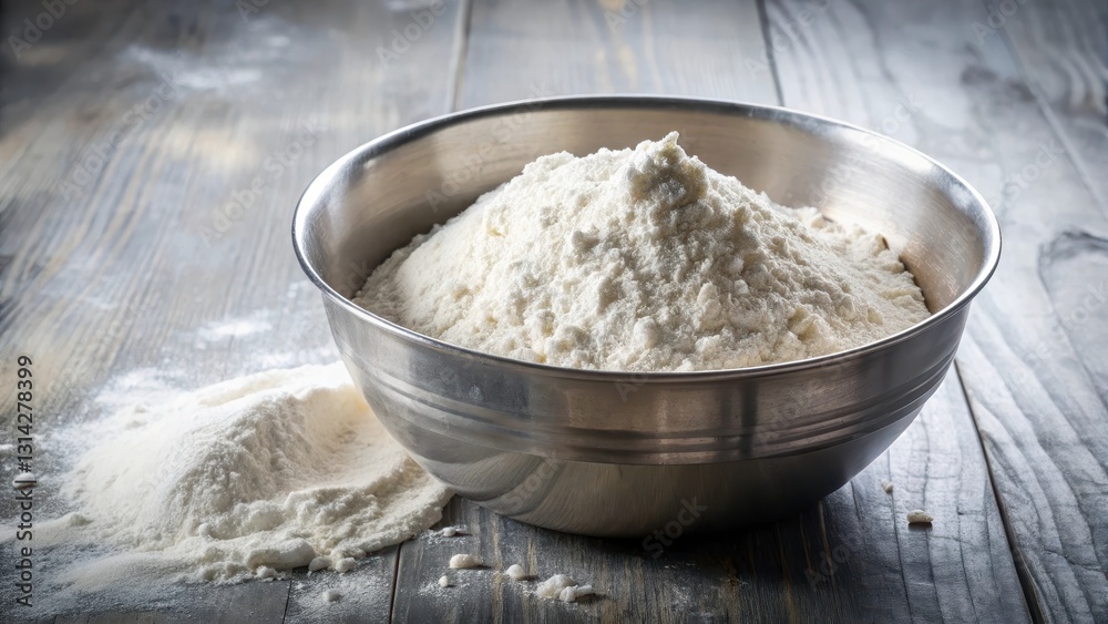 Fluffy all-purpose flour poured from a white metal can into a large mixing bowl, pantry staples, flour, pantry staples Fluffy all-purpose flour poured from a white metal can into a large mixing bowl, pantry staples, flour, pantry staples