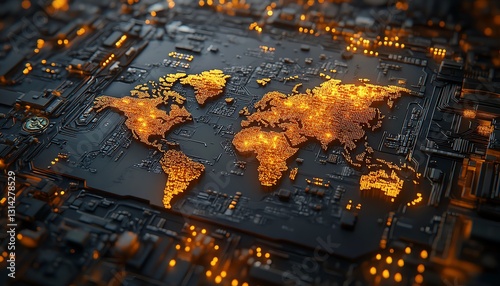 A silicon chip with an embossed world map made of gold nanowires, symbolizing the future of semiconductor trade, highly detailed, futuristic reflections, cinematic lighting photo