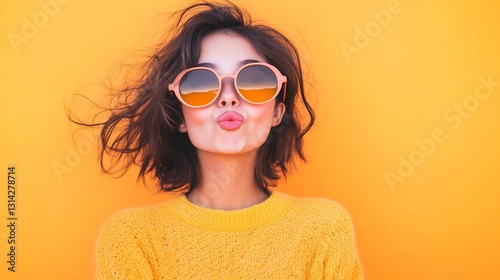 young woman in oversized sunglasses blowing kiss with pastel orange background