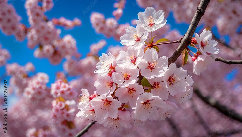 Cherry blossoms in full bloom against blue sky Cherry blossoms in full bloom against blue sky