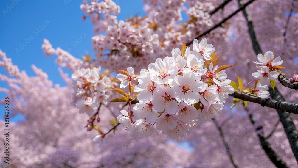 Cherry blossoms in full bloom against blue sky Cherry blossoms in full bloom against blue sky
