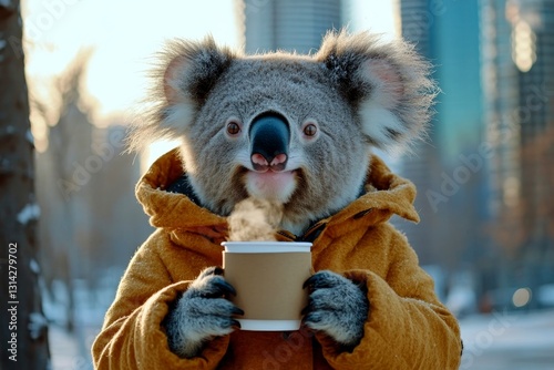 Fototapeta Naklejka Na Ścianę i Meble -  Amusing animals. Zoo animal support. Happy cute adult animal koala in winter warm clothes, holding hot coffee with rising steam in paws. Animal safety ad. Wild animal habitat ads. Zoo pet ads.