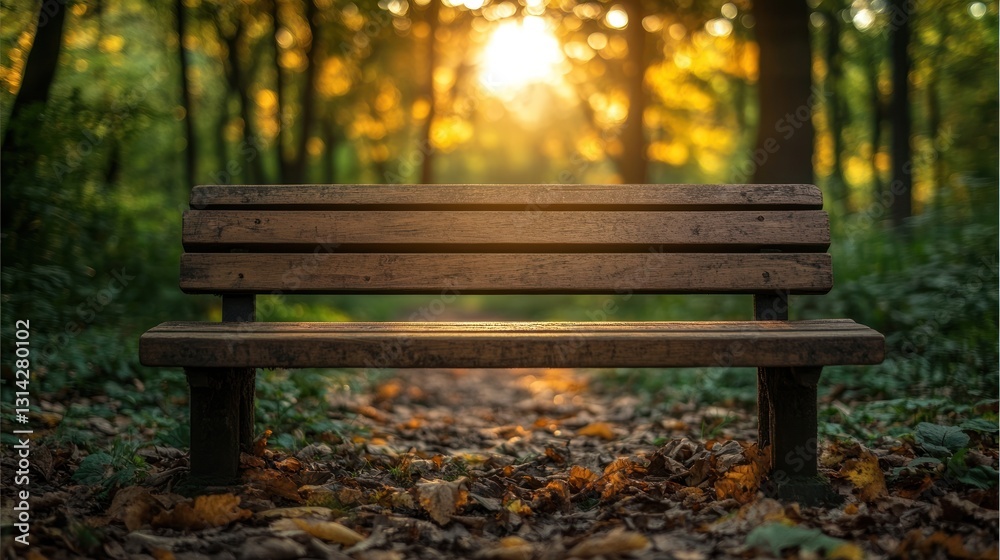 Serene wooden bench in an enchanted forest at sunset inviting contemplation Serene wooden bench in an enchanted forest at sunset inviting contemplation